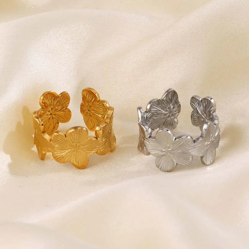 Elegant Stainless Steel Big Bloom Flower Rings, 18k Gold PVD Plated Open Ring Finger Jewelry.