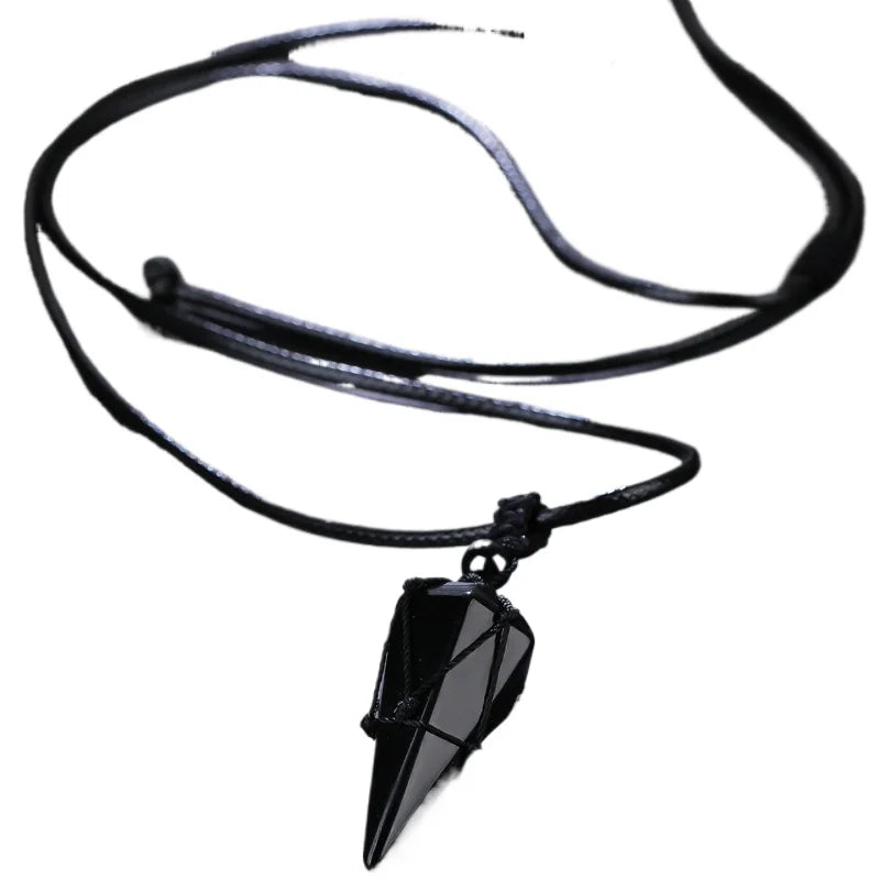 Black Lucky Cool Natural Obsidian Hexagonal Cone Mesh Pocket Braided Rope Pendant Necklace*1pc