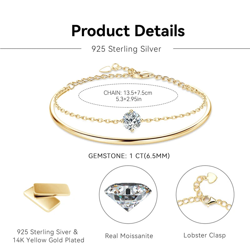 925 Sterling Silver Double Chain Cuff Bracelets Bling 6.5mm Moissanite Bracelet For Women Adjustable Wristband Jewelry Gift