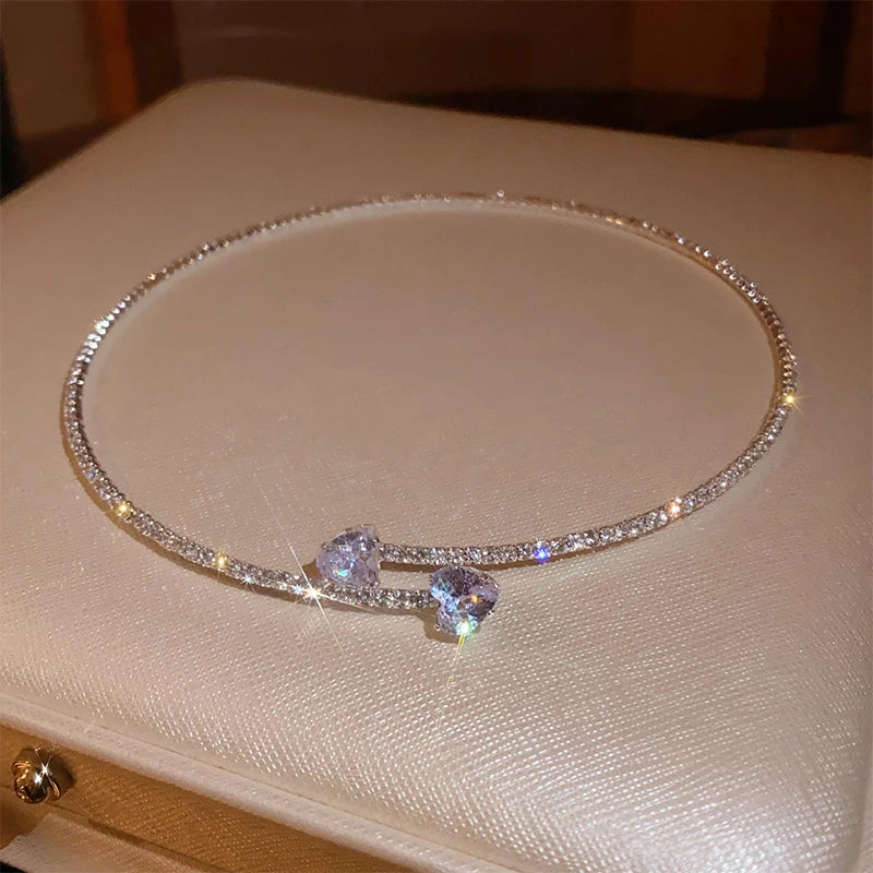 Zircon Double Layered Water Drop Heart Silver Scrap Imitation Pearl Cross Wave Open Collarbone