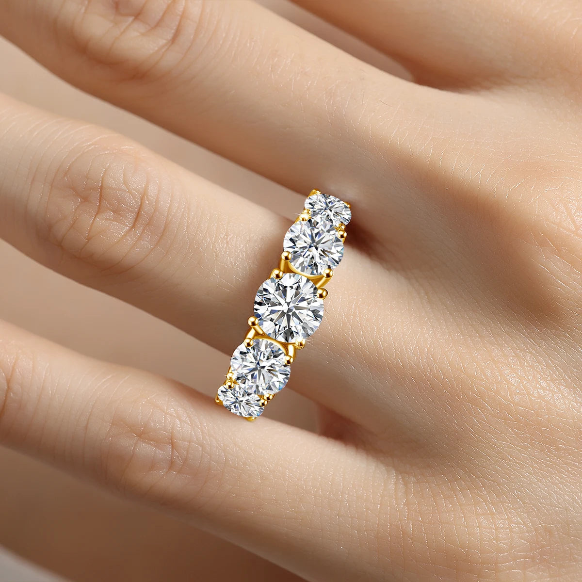 18k Plated 3.8CTW Genuine Moissanite Rings 5 Stones Sparkling 925 Sterling Silver.