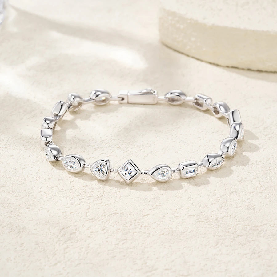 JIUZUAN Mixed Cut Moissanite Tennis Bracelet S925 Silver 18K Gold Plated Modern Bezel Setting Elegant Women Jewelry Bracelet