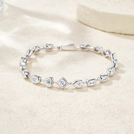JIUZUAN Mixed Cut Moissanite Tennis Bracelet S925 Silver 18K Gold Plated Modern Bezel Setting Elegant Women Jewelry Bracelet