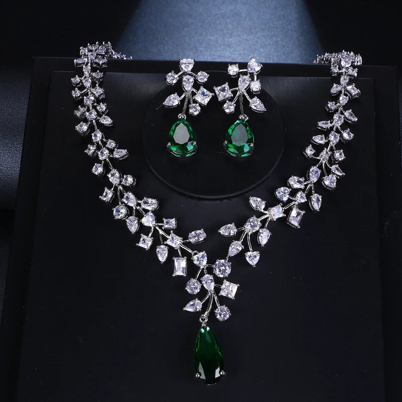 Luxury Green Cubic Zirconia Earrings Necklaces Sets Accessories.