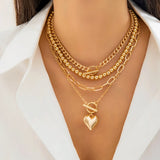4Pcs/Set Gold Color Heart Pendant Necklace Beaded Chain Jewellery Accessories.