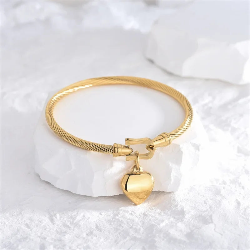 18k Gold Color Stainless Steel Heart Pendant Charm Bangle Bracelets.