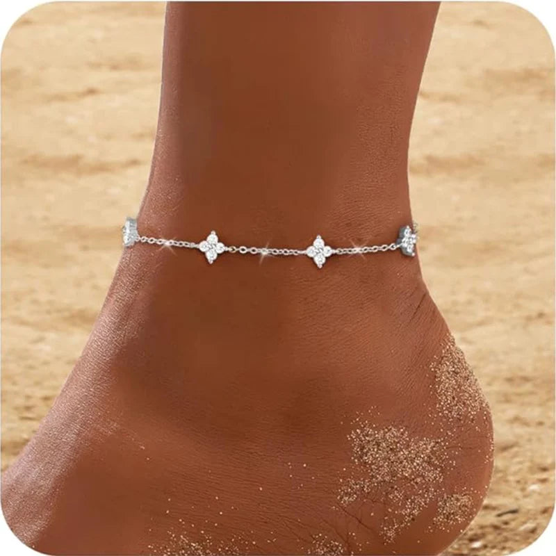 925 Sterling Silver Clover Design Ankle Bracelet Dainty Charm Chain Anklet Adjustable Flower Foot Jewellery.