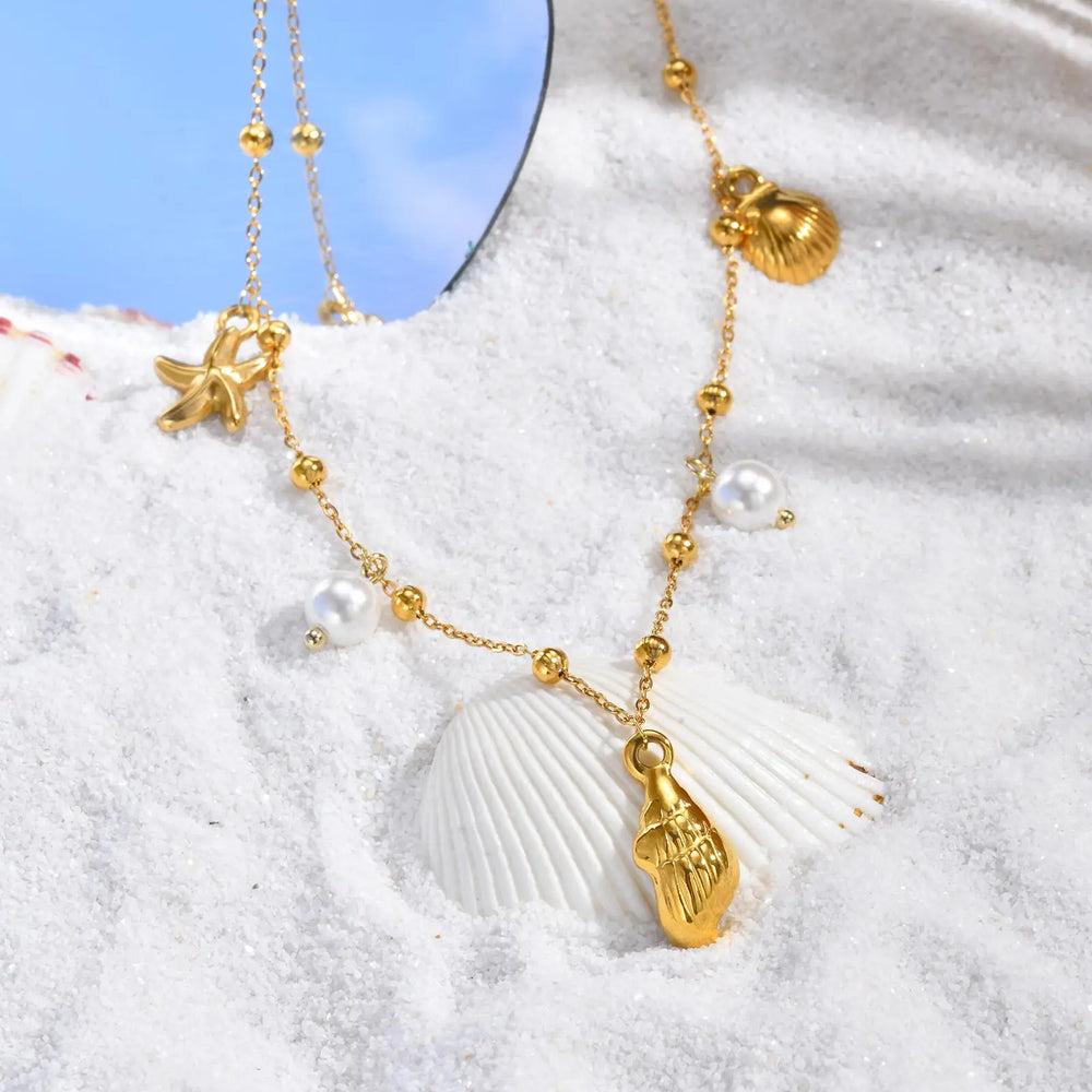 18K Gold Plated Pearl, Shell, Conch, Starfish Summer Beach Necklace, Stainless Steel Waterproof Charm Jewelry