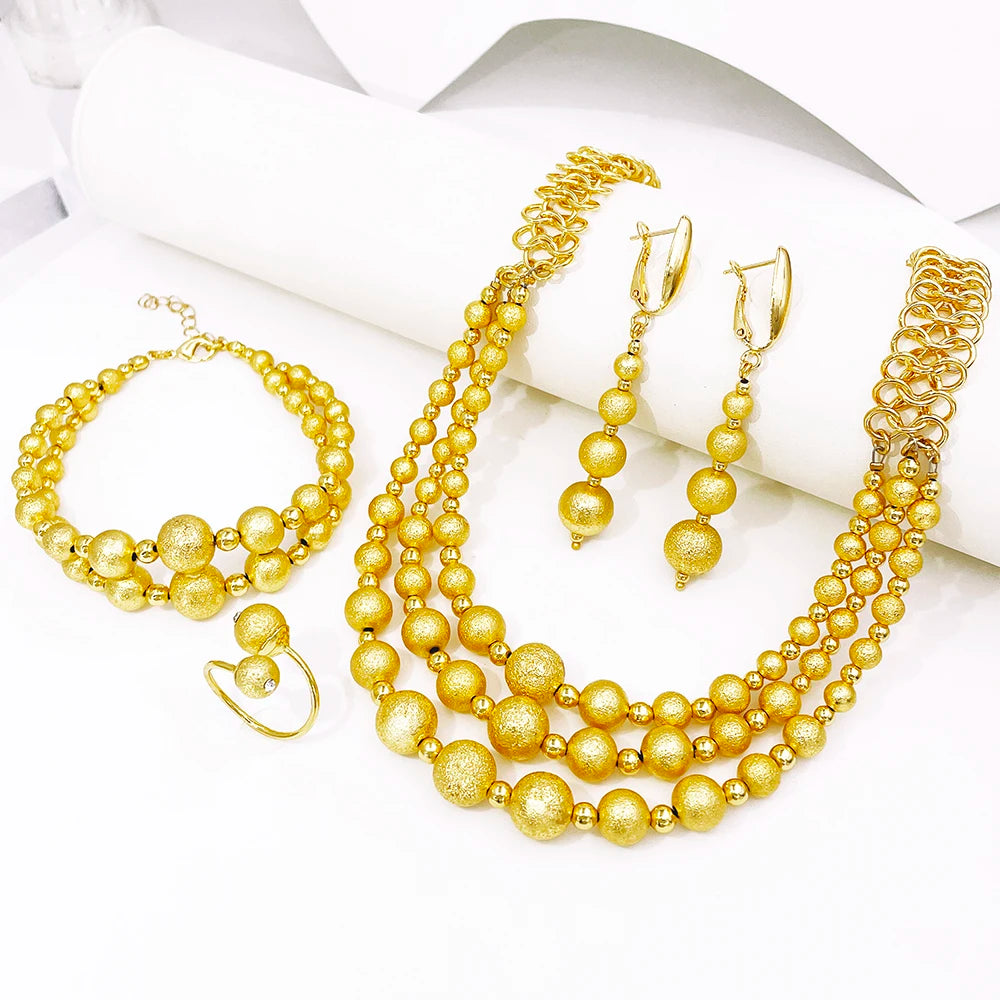 Elegant Gold Color Bead Jewelry Set for Women Matching Necklace Bracelet Earrings Ring for Daily Wear Fashion Accessory Gift