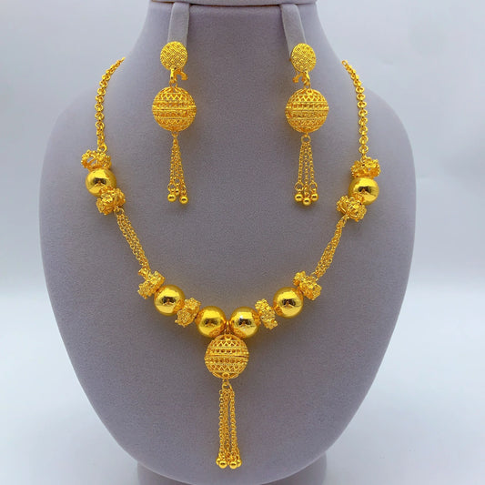Indian Bead 24K Gold Plated Necklace Earrings Jewelry Set For Women African Dubai Nigeria Bridal Wedding Party Gift Jewellery