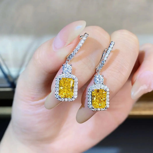 Luxury white gold solid platinum PT950 Yellow Diamond Earrings Luxury Full Diamond 2 karat Ice Flower Cut Earrings.