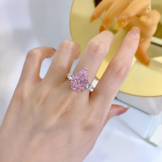 Water Drop Lab Pink Moissanite Diamond Ring 100% Real 925 sterling silver Rings Jewellery.