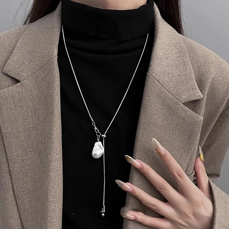 Stainless Steel Long with Pearls Necklace for Women Adjustable Chain Fashion Jewellery.