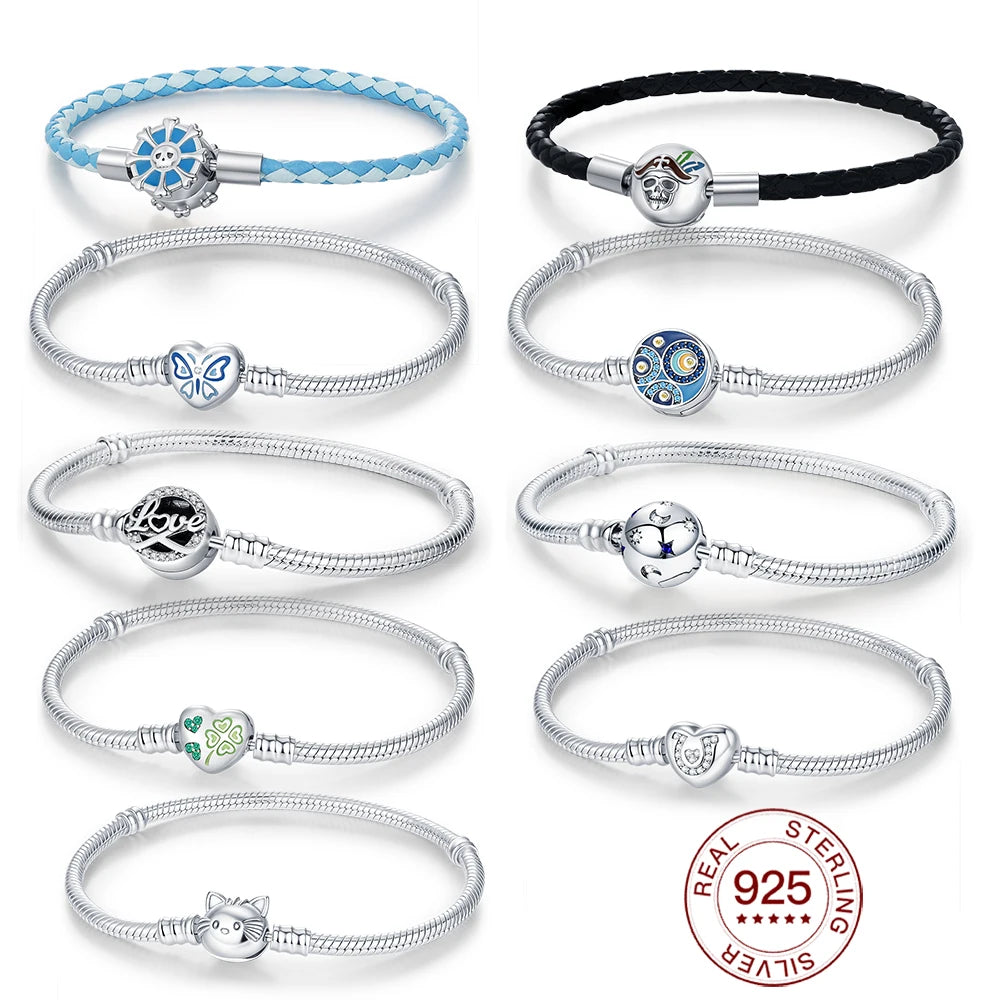 925 Sterling Silver Drop Rubber Bracelet Love Butterfly Clover Bracelet Original Charm Beads Jewellery.