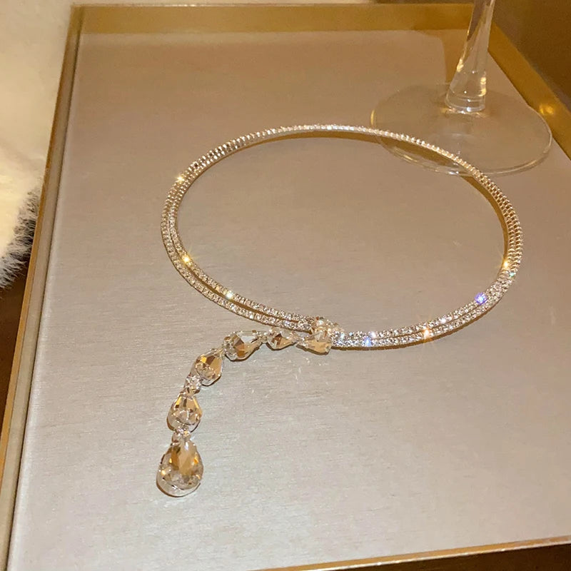 Zircon Double Layered Water Drop Heart Silver Scrap Imitation Pearl Cross Wave Open Collarbone