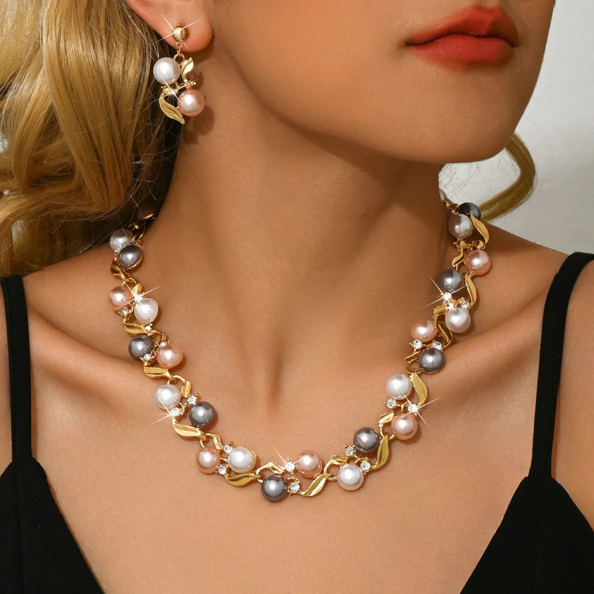 Elegant Faux Pearl Necklace Earrings Set  Zinc Alloy Jewelry Kit.