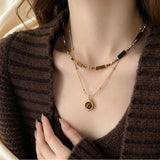 Retro Temperament Layered Stone Pendant Necklace For Women Stainless Steel Collarbone Chain necklaces.