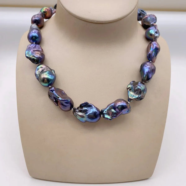 Large Pearl Irregular Statement Necklace  Black Peacock Blue Natural Pearls Jewelry.