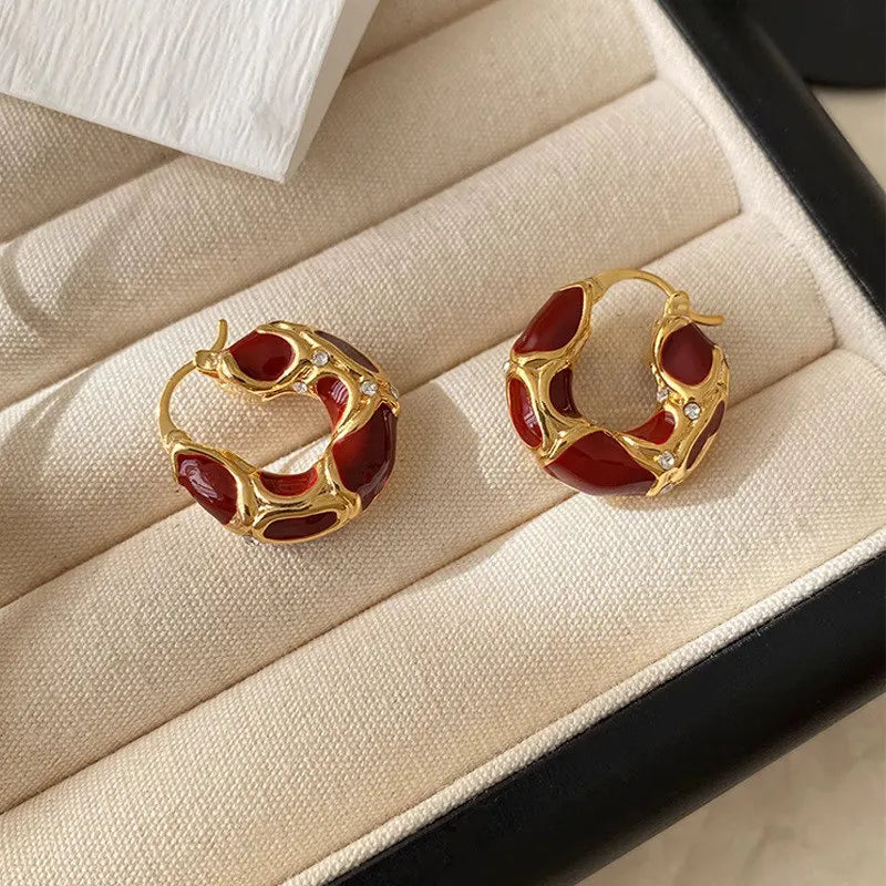 Trendy Enamel Color Metal Texture Small Hoop Earrings, Gold Plated Jewellery Gifts.