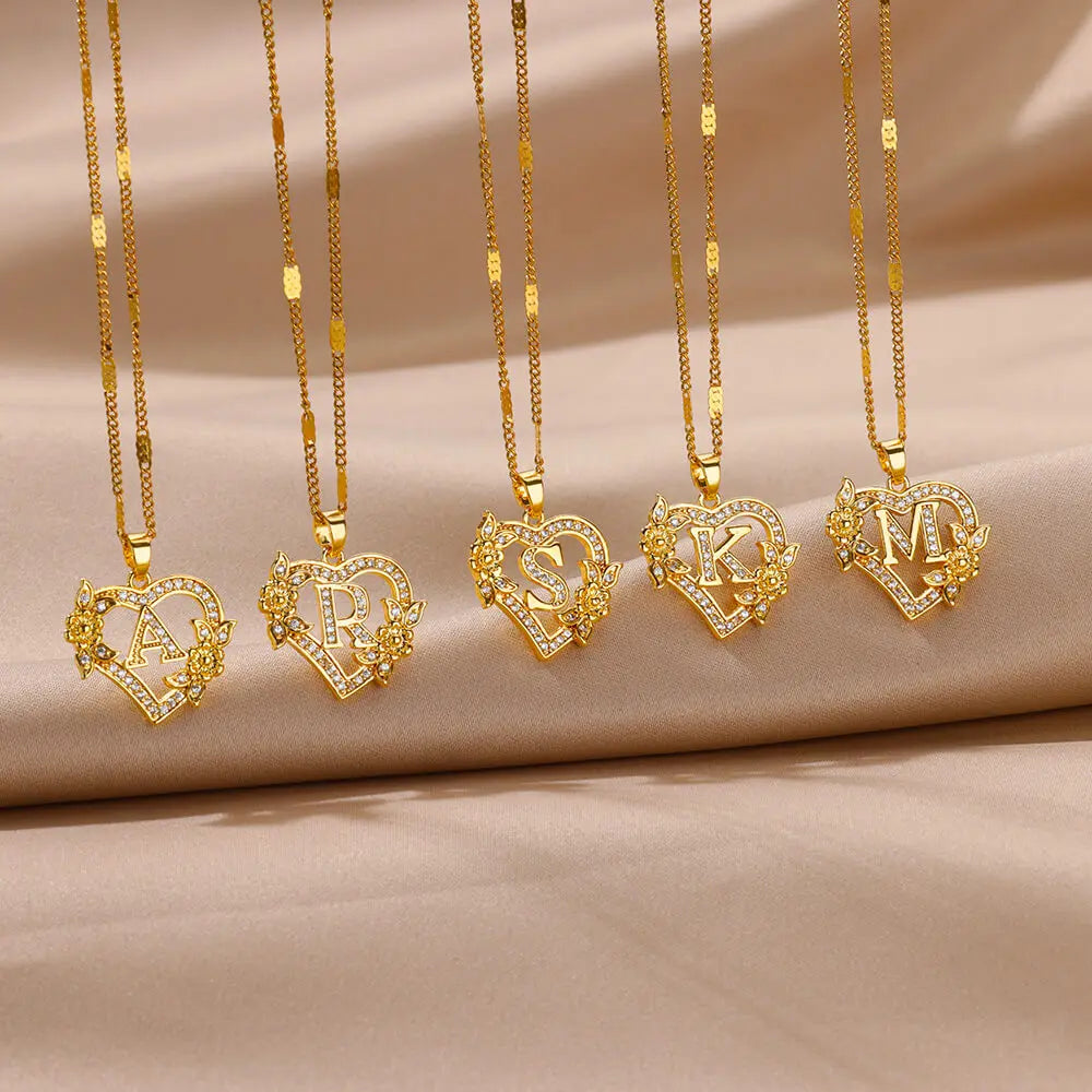 Zircon Flower Heart Initials Necklaces Stainless Steel Heart Letter