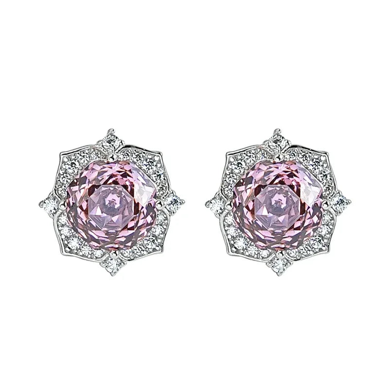 Millennium Purple Pink Flower 925 Silver Earrings Inlaid with High Carbon Diamond Light Luxury
