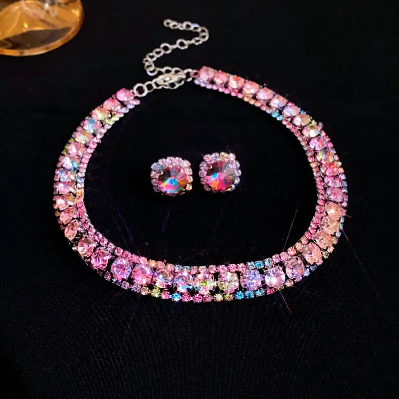 Luxury Rhinestone Necklace Stud Earrings, Crystal  Necklaces Ladies Fashion Jewellery Set.