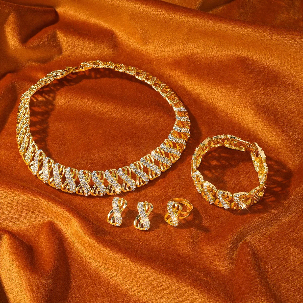 18k Gold Plated Jewelry Set, Necklace Earrings Rings.