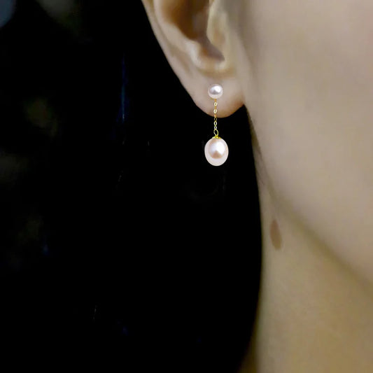 Real 18K Gold Earrings Fine Jewellery AU750 Natural Freshwater Pearl  Round Double Beads.