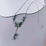 925 silver blue-green enamel exquisite butterfly Necklace tassel flower retro jewellery