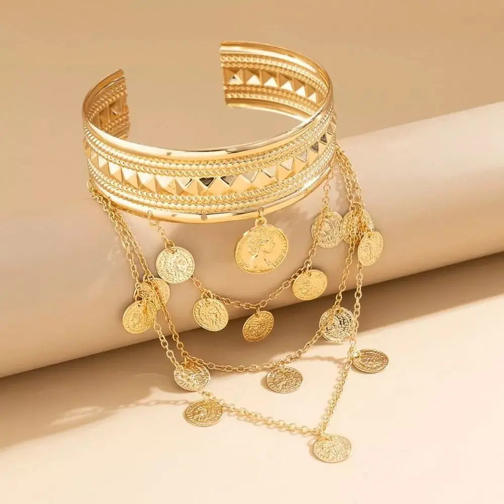 New Metal Tassel Arm Chain Adjustable Fashion Wide Open Bangle Retro Arm Bracelet Women