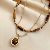 Retro Temperament Layered Stone Pendant Necklace For Women Stainless Steel Collarbone Chain necklaces.