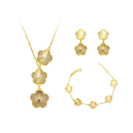 24K Real Gold Light Luxury Flash Plum Blossom Bracelet Necklace Earring Set.