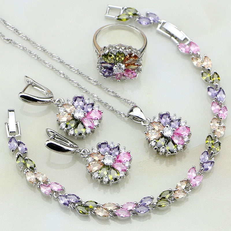 925 Sterling Silver Jewelry Multicolor Stones Cubic Zirconia Jewelry Sets.