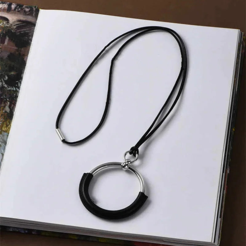 Retro Circle Black Rope Pendant Chain Long Necklace Classic Minimalist Jewellery.