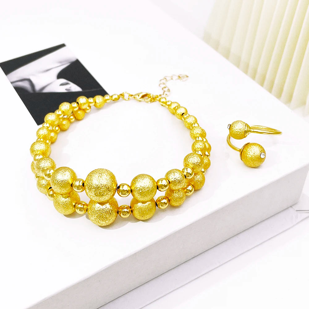 Elegant Gold Color Bead Jewelry Set for Women Matching Necklace Bracelet Earrings Ring for Daily Wear Fashion Accessory Gift