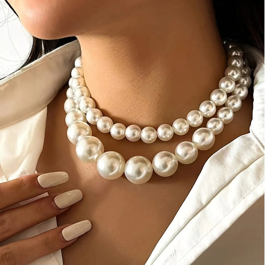 2 Pcs Set Exaggerated Big Imitation Pearl Clavicle Chain Necklace
