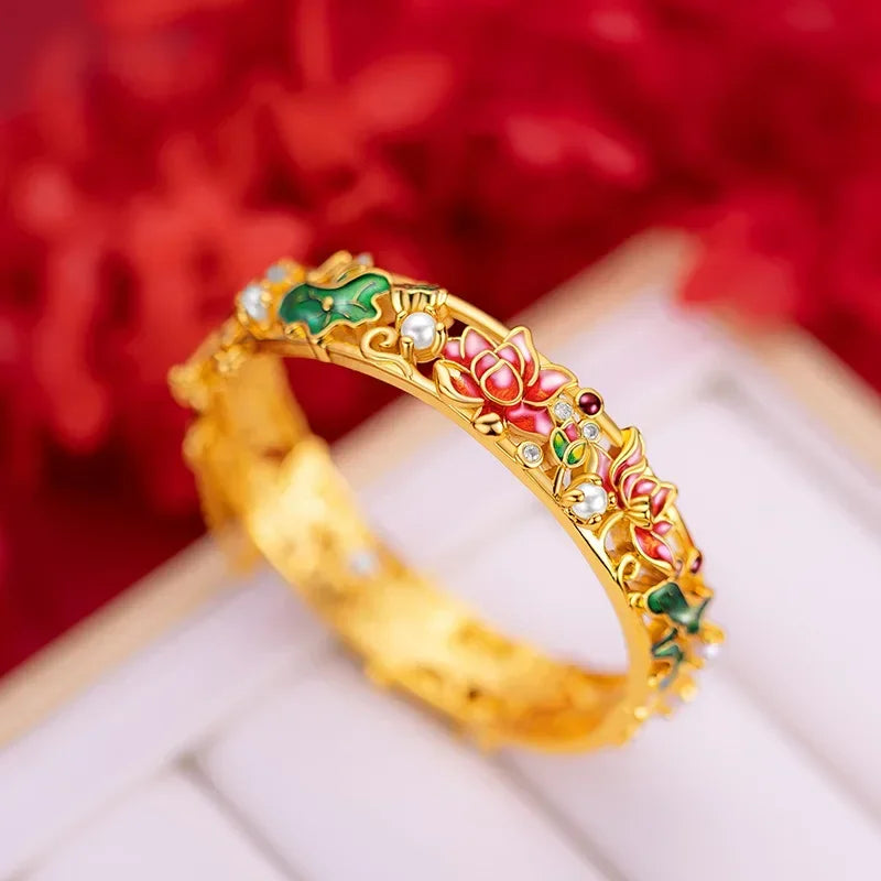 AU750 Gold Bracelet, Antique Enamel Orchid Design, 18K Retro Palace Filigree Inlaid Open Clasp Bracelet.