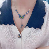 925 silver blue-green enamel exquisite butterfly Necklace tassel flower retro jewellery