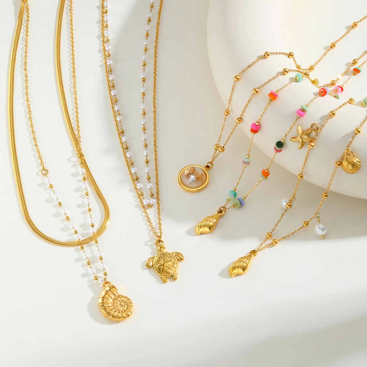 18K Gold Plated Pearl, Shell, Conch, Starfish Summer Beach Necklace, Stainless Steel Waterproof Charm Jewelry