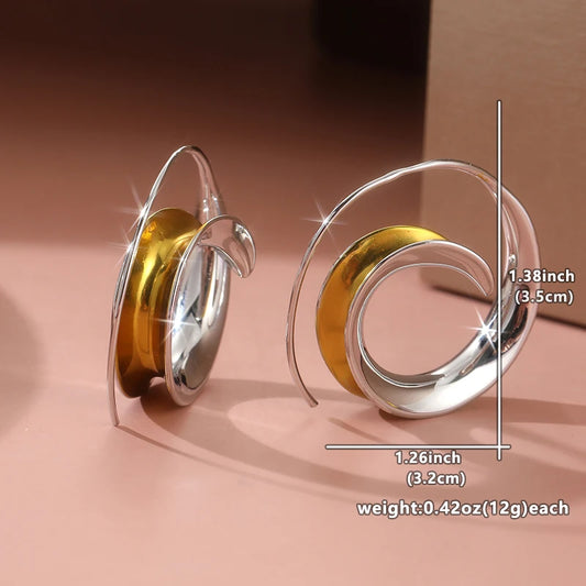 Simple Fashion Two Tone Metal Geometric Glossy Surface Hoop Earrings.