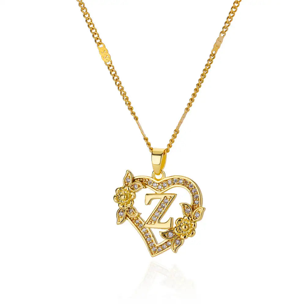 Zircon Flower Heart Initials Necklaces Stainless Steel Heart Letter