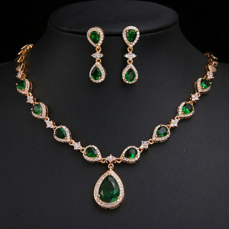 Luxury Green Cubic Zirconia Earrings Necklaces Sets Accessories.