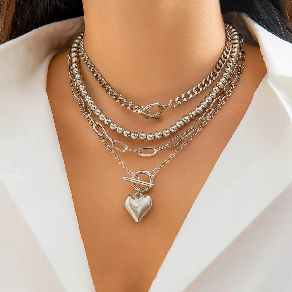 4Pcs/Set Gold Color Heart Pendant Necklace Beaded Chain Jewellery Accessories.