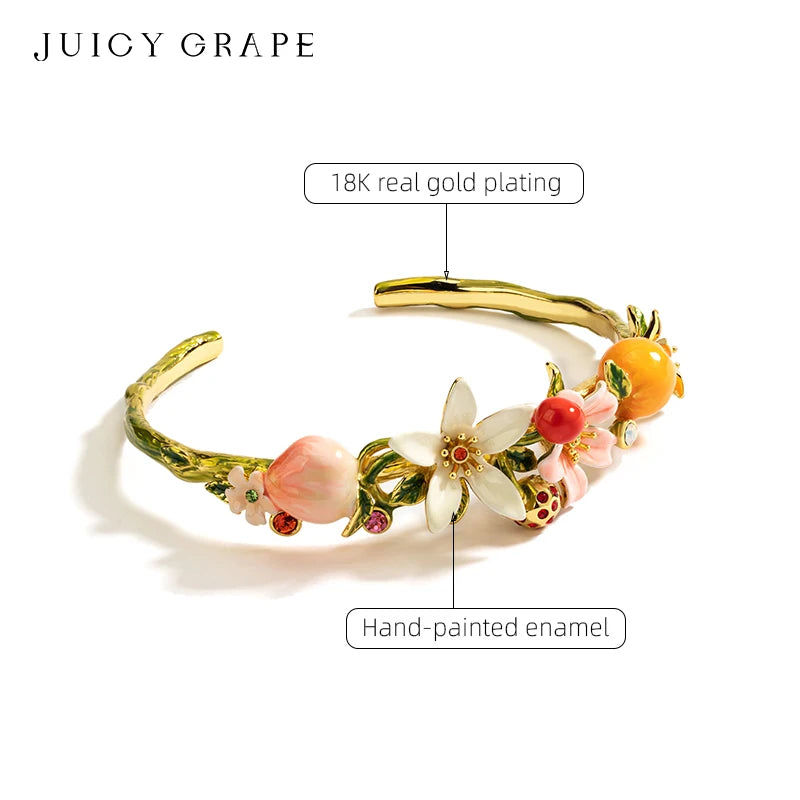 JUICY GRAPE Adjustable Bangles Peaches Oranges Cherries Flowers Fruit Series Enamel Bracelet Wedding Party Jewelry Gifts