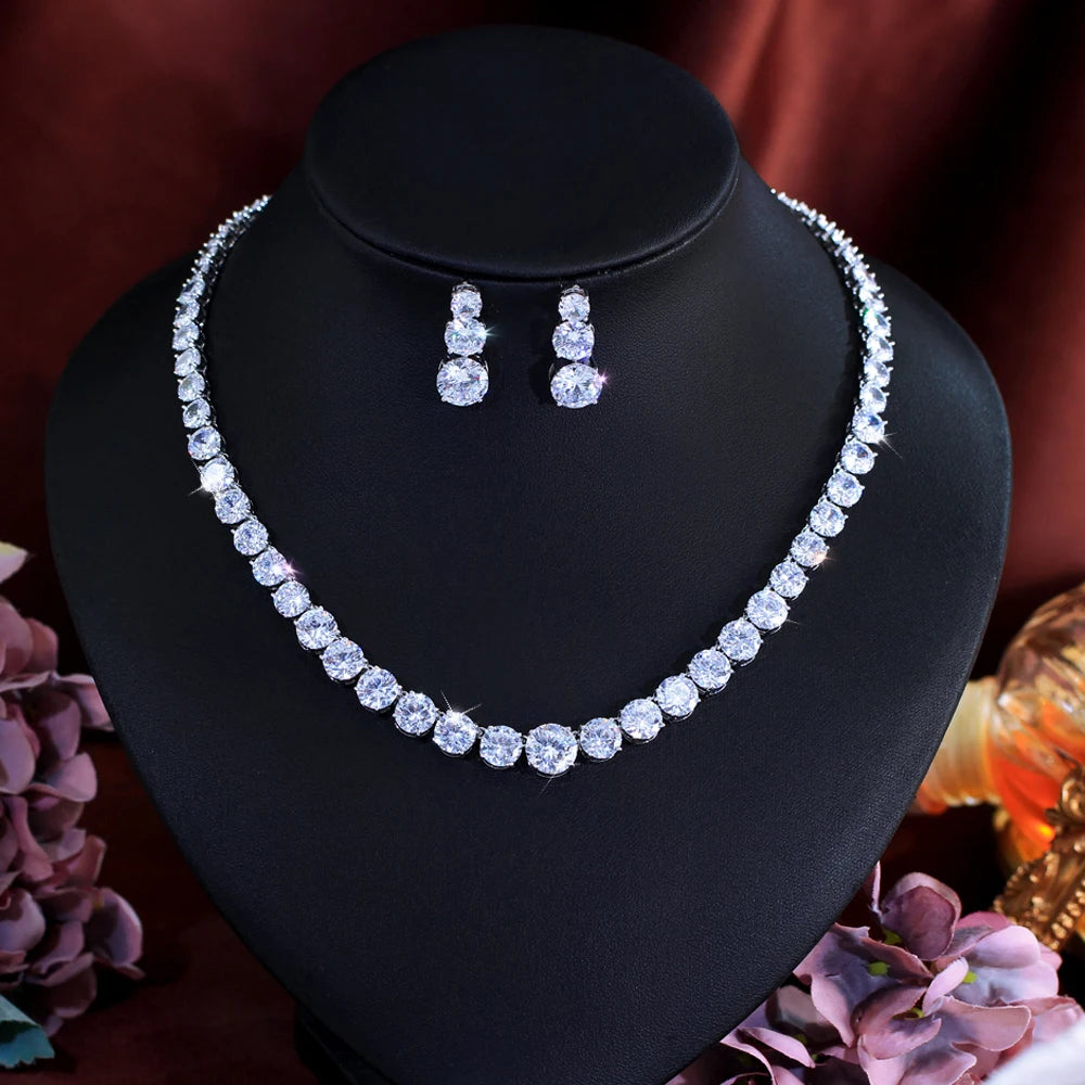 Glittering Round Cubic Zirconia Tennis Necklace and Earrings