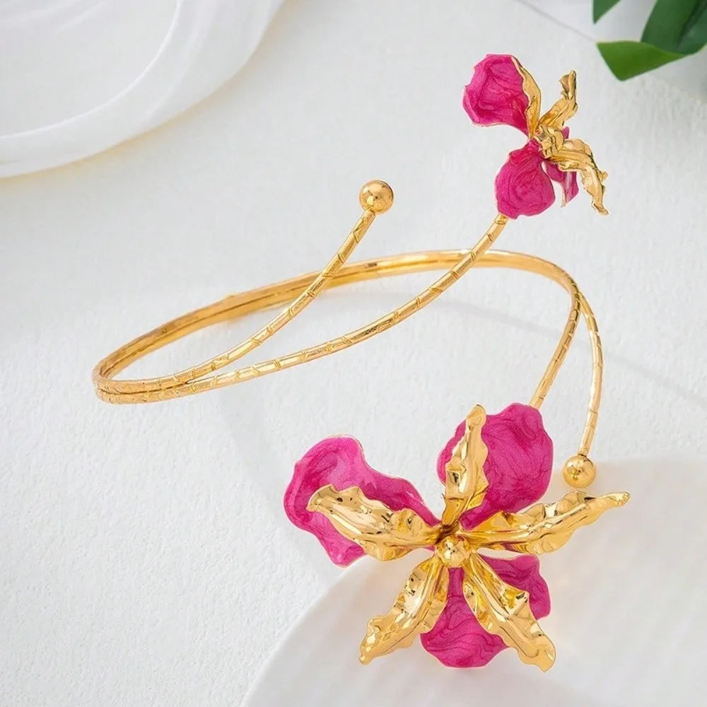 Fairy Enamel Glaze Butterfly Orchid Bracelet Adjustable Floral Open Arm Bangle Cuff Exotic Style Flower Armband Gift