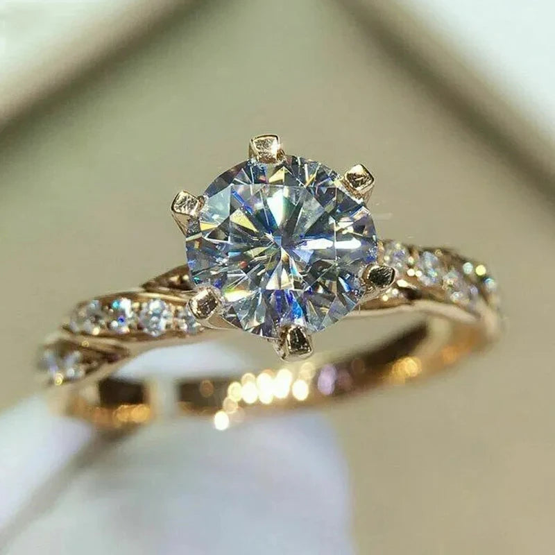 Huitan Classic 6 Claw Cubic Zirconia Rings Luxury Gold Color.