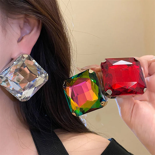 1 Pair Metal Studded Diamond Shaped Square Earrings, Fashionable and Simple Earrings.