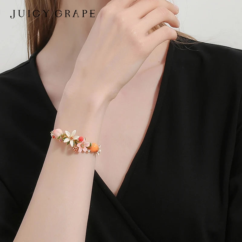 JUICY GRAPE Adjustable Bangles Peaches Oranges Cherries Flowers Fruit Series Enamel Bracelet Wedding Party Jewelry Gifts