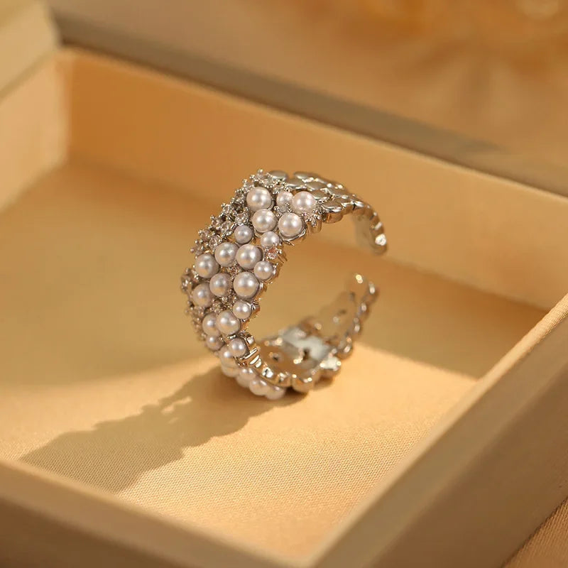 925 Sterling Silver Zircon Pearl Round Rings Minimalist Trendy Light Luxury Fine Jewelry Opening Accessories,.